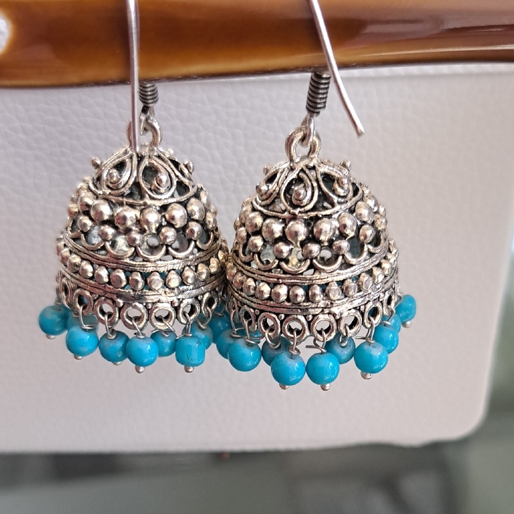 Silver and Turquoise Jhumka Earrings